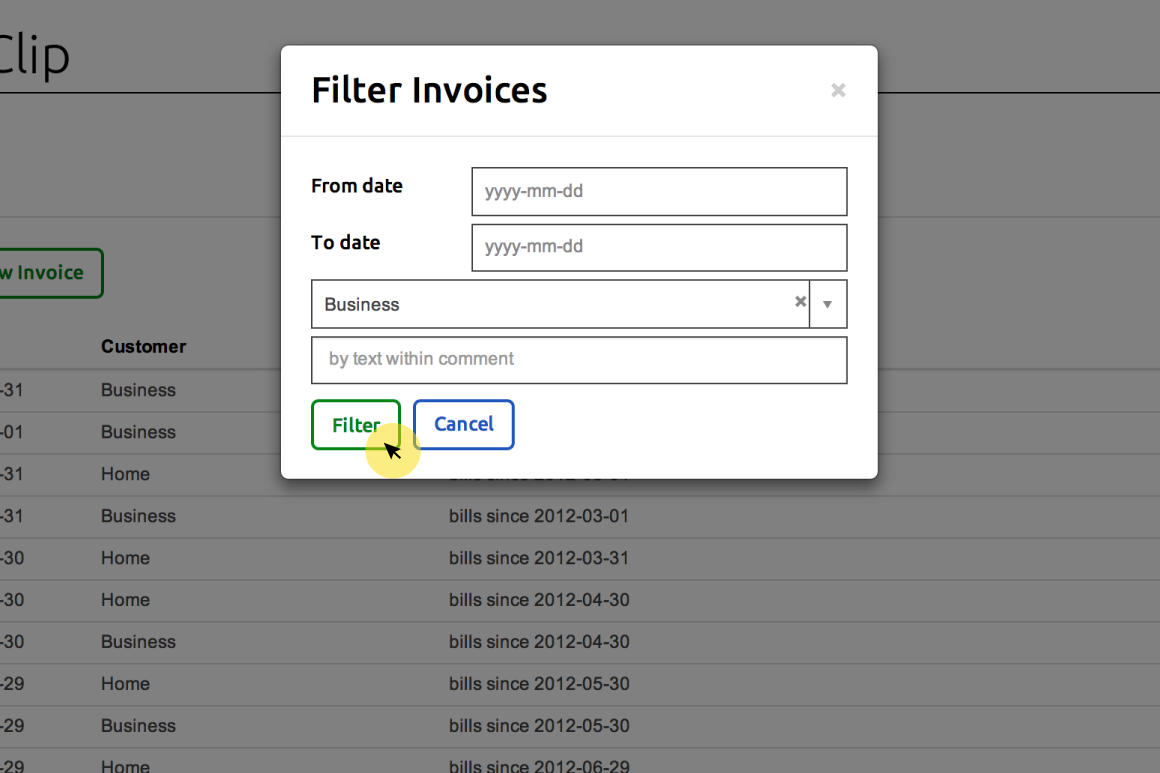 Document filter modal