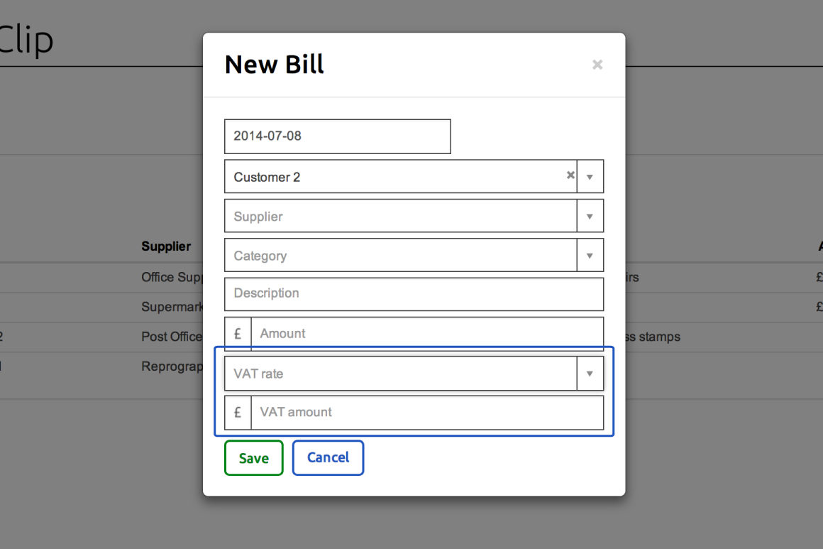 New bill form with VAT fields