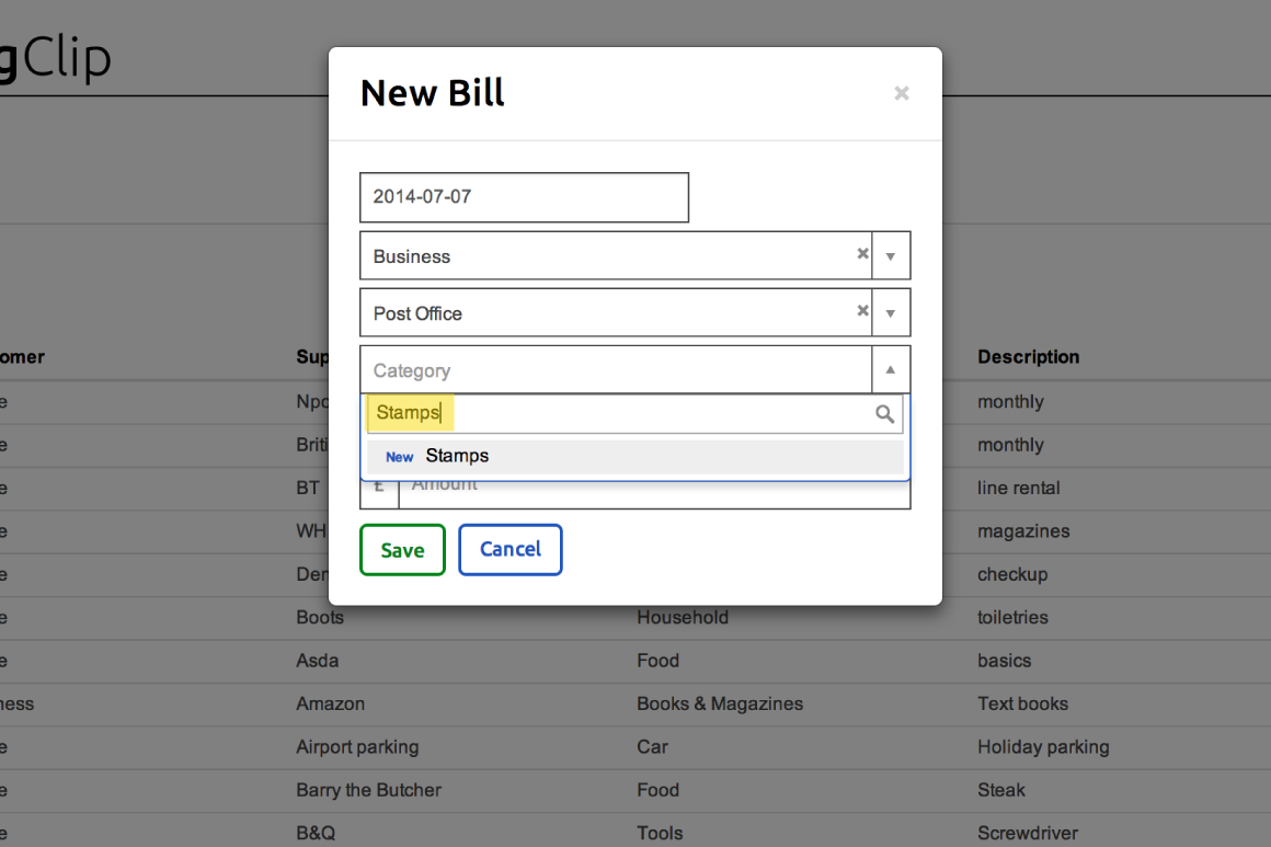Adding a new category in the New Bill form