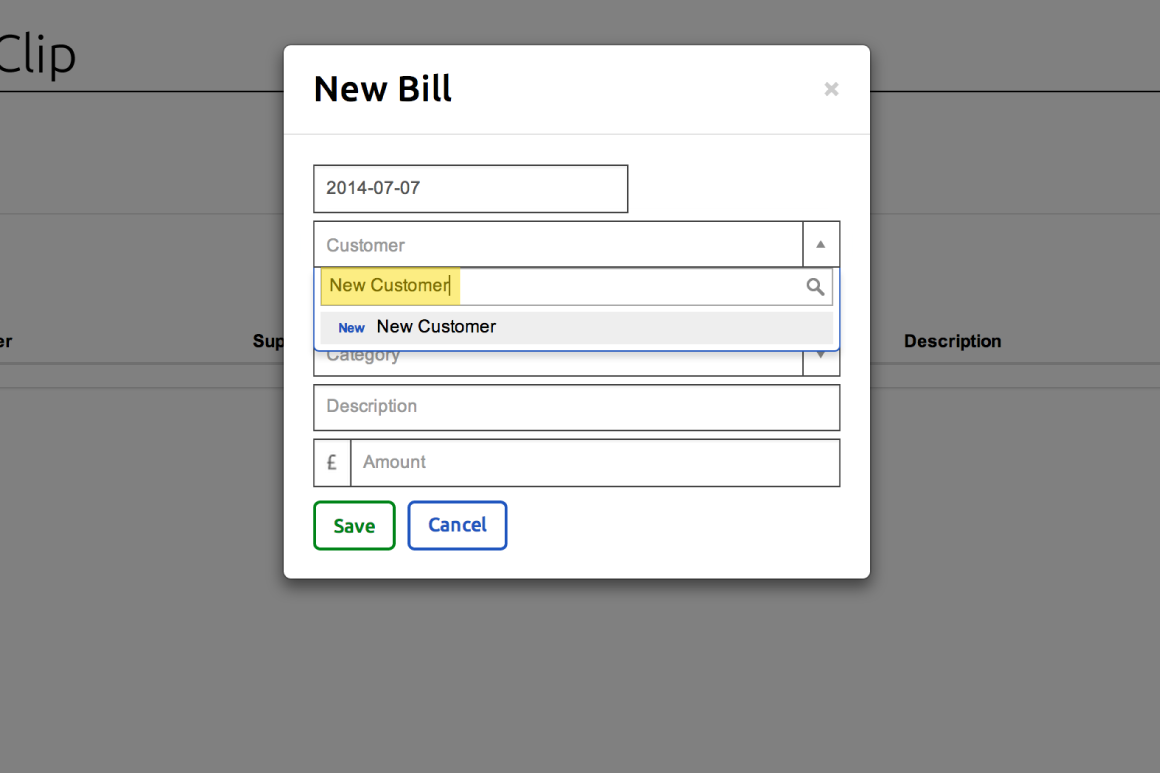 Adding a new customer in the New Bill form