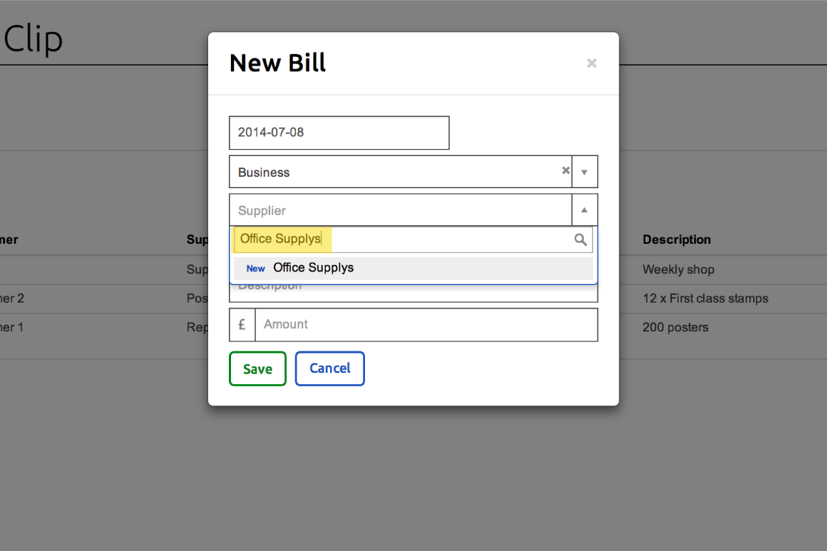 Adding a new supplier in the New Bill form