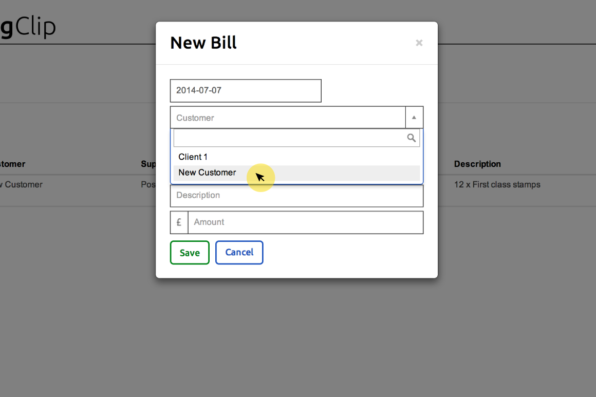Adding a new customer in the New Bill form
