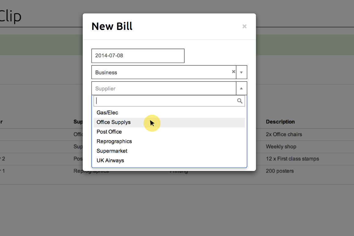 Selecting a supplier from dropdown menu in New Bill form